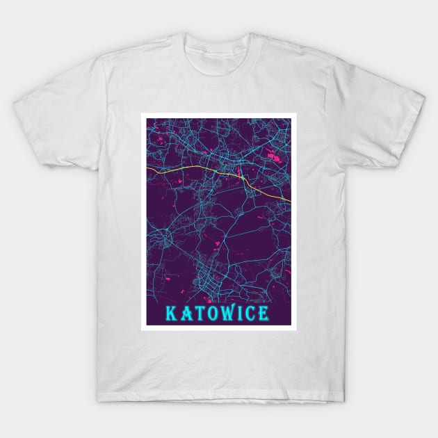 Katowice Neon City Map T-Shirt by tienstencil